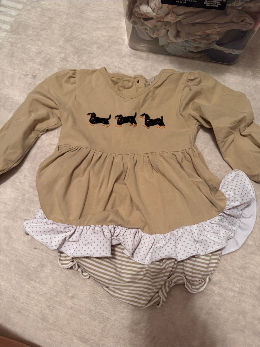 Girls Beige Peplum Top with Dachshund Embroidery